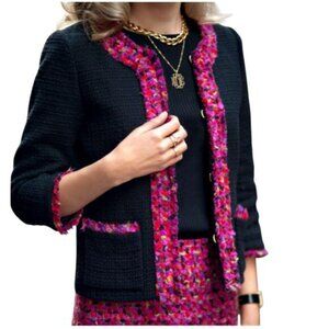 Kate Spade Black Evening Jacket D214 Black /Multi Trim Holiday Collarless Sz 12